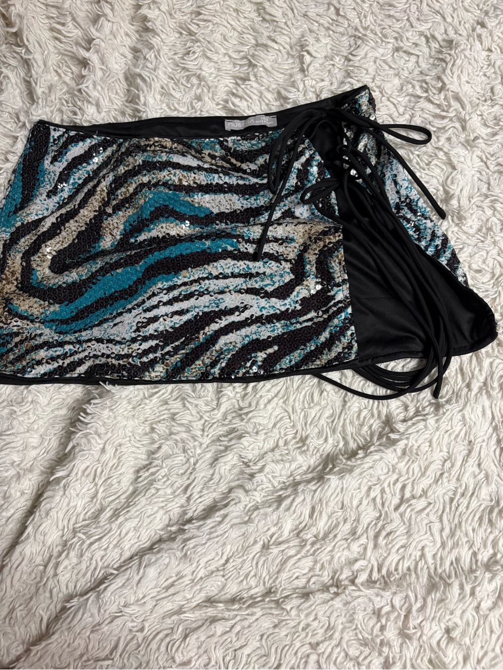 Muse Sequin Animal-Print Mini Skirt in Teal, Black, Cream